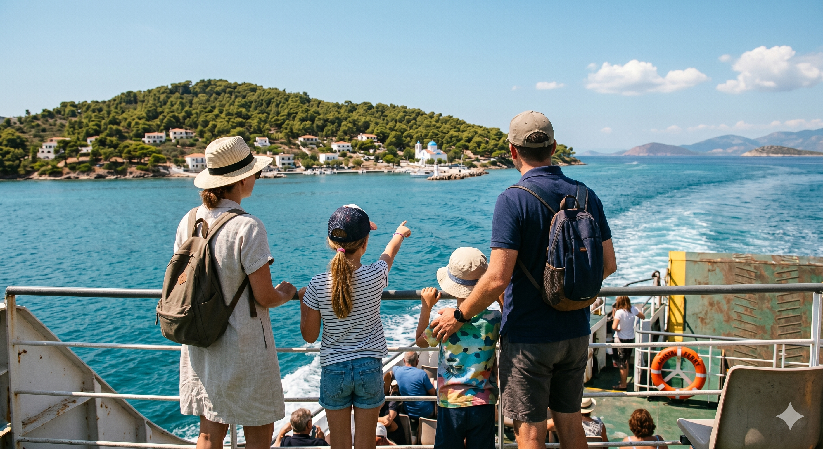 Family on a ferry to a Greek island